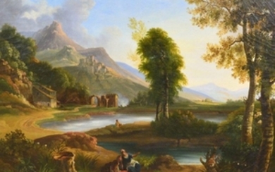 Italian School, 19th Century Landscape with Ruins and Figures