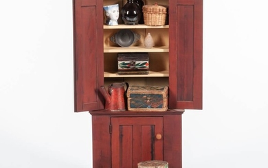 Miniature Grain-painted Step-back Cupboard and Eleven Miniature Items, America, 19th/20th century, the cupboard with molded cornice ove