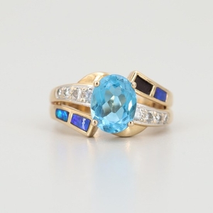 10K Yellow Gold Topaz, Diamond and Opal Ring