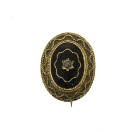 10k Yellow Gold, Enamel and Seed Pearl Brooch.