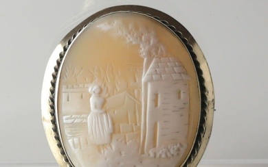 10k Yellow Gold Shell Cameo Brooch Woman standing by house in a village