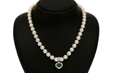 An emerald and diamond pendant mounted on a cultured pearl necklace with an 18k white gold clasp set with a brilliant-cut diamond. (2)