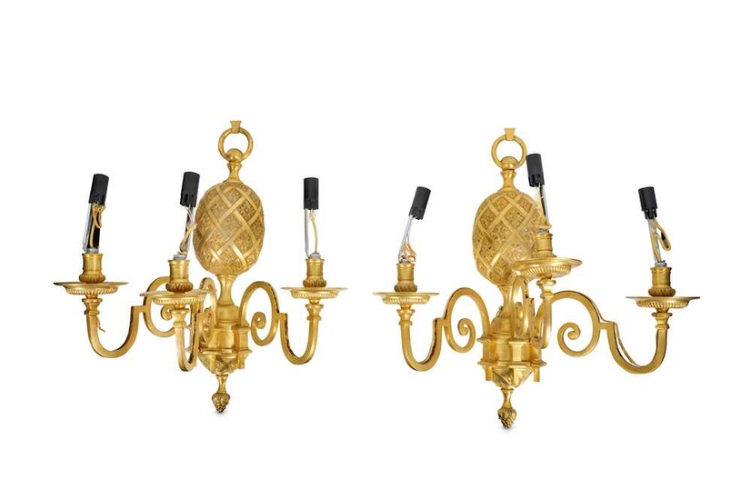A PAIR OF UNUSUAL GILT BRONZE WALL LIGHTS MODELLED...