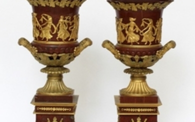 FRENCH REGENCY BRONZE MARBLE URNS 19TH C PAIR 20 DIA