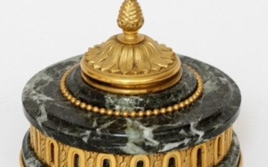 MAISON THIEBAUT PARIS FRENCH EMPIRE MARBLE AND BRONZE INKWELL C. 1840 4.5 DIA 5.5