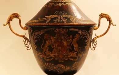 MAITLAND SMITH LARGE COVERED PAINTED URN WITH ARMORIAL DECORATIONS 22 24 10
