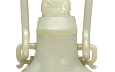 A CELADON JADE ARCHAISTIC HANGING VASE AND COVER QING DYNASTY, 18TH CENTURY | 清十八世紀 青白玉仿古饕餮紋提樑卣