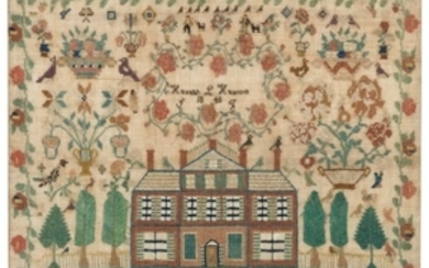 A SILK-ON-LINEN PICTORIAL SAMPLER DEPICTING A SCHOOLHOUSE, WROUGHT BY HANNAH L. HANCOCK, BURLINGTON, NEW JERSEY, DATED 1840