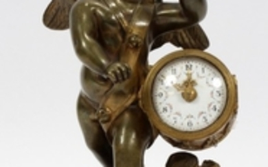 AFTER ETIENNE FALCONNET FRENCH 1716 1791 BRONZE SCULPTURE WITH CLOCK 19TH.C. 7.5 CHERUB DRUMMER