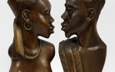 BRONZE BUSTS C. 1940 PAIR 11.5 12.3 MALE AND FEMALE AFRICAN NATIVES