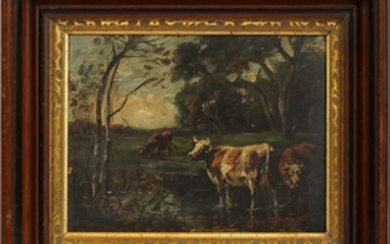 EDWARD MITCHELL BANNISTER 1828 01 AFRICAN AMERICAN RHODE ISLAND OIL ON ARTIST BOARD COWS IN WATERING HOLE