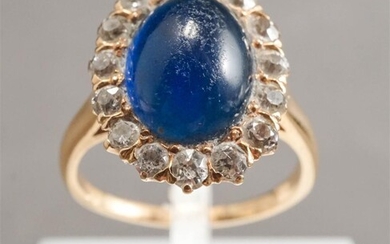 14-Karat Yellow-Gold, Synthetic Blue Sapphire and Diamond Cluster Ring, Size: 6