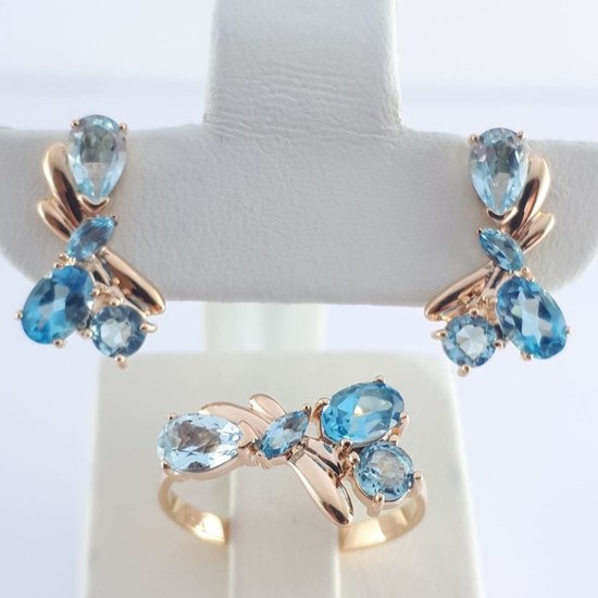 14 kt. Pink gold - Ladie's Ring & Earring Set With Blue Topaz- 4.50 ct Topaz