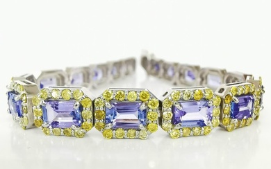 14.40 ct Blue Tanzanite & 4.45 ct Yellow - N.F.Vivid Yellow Diamond Designer Bracelet - 19.52 gr - 14 kt. White gold - Bracelet - 14.40 ct Tanzanite - Diamonds