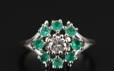 14K Diamond Ring Encircled by Emeralds