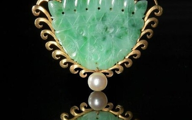 14K Gold Jadeite and Pearl Brooch