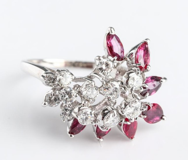 14K White Gold Diamond & Ruby Cocktail Ring