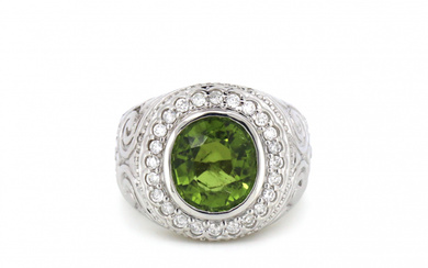 14K White Gold, Green Tourmaline and Diamond, Gents Ring. The...