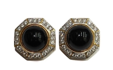 14k Yellow Gold Onyx and Diamond Clip Earrings