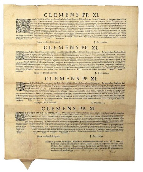 1712. 4 BULLES from PAPE CLÉMENT XI (J. Fr. Albini; 1649-1721) - "CLEMENS PP. XI", dated Rome April 1712. in Latin. Letters, Seal under paper and manuscript signature.