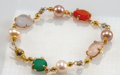 18 kt. Pink gold, Yellow gold - Bracelet - Diamonds, Pearls, Semi-precious stones
