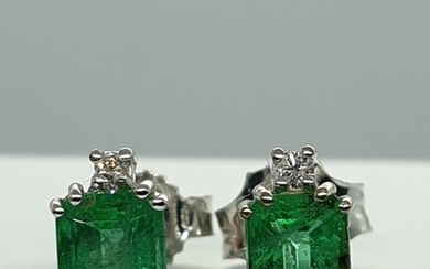 18 kt. White gold - Earrings - 1.29 ct Emerald - Diamonds