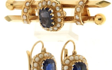 18 kt. Yellow gold - Brooch, Earrings, Set glass - Pearls