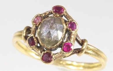 18 kt. Yellow gold - Ring Rubies - Diamonds, Antique Victorian, Anno 1850, Free resizing* NO RESERVE PRICE