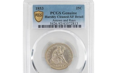 1853 US SEATED LIBERTY 25 CENT COIN, PCGS XF DET