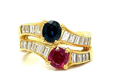 18K Yellow Gold Ruby, Sapphire, & Diamond Ring