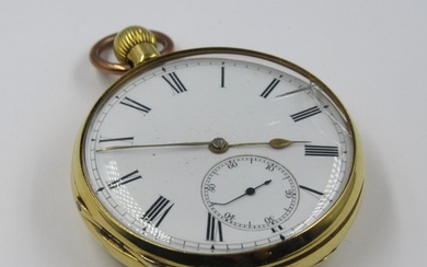 18ct Yellow gold open face pocket watch, the enamel dial wit...