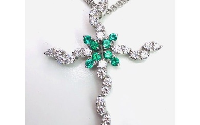 18k White Gold 1.50ct Diamond & Emerald Cross Pendant Necklace