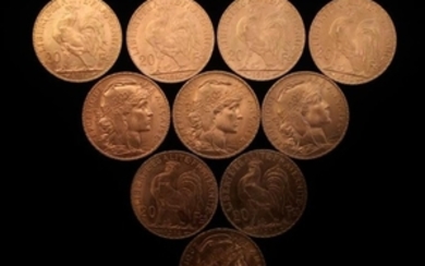 10 pièces en or de 20 FF Coq 5 x 1912 -…