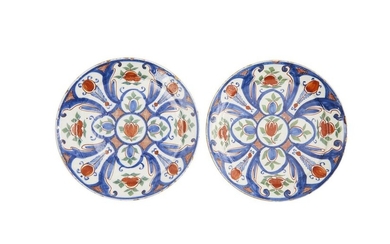 19-Delft: a pair of polychrome earthenware plates with radiant floral...