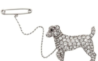 Antique Silver, Gold, Diamond and Black Onyx Dog Pin