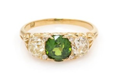 An Art Nouveau 18 Karat Yellow Gold, Russian Demantoid Garnet and Diamond Ring