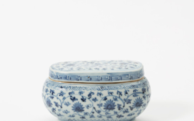 A Chinese oval blue and white 'lotus' box and cover