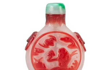 CHINESE OVERLAY GLASS SNUFF BOTTLE In pilgrim flask form, with red crane and pine tree medallion on obverse and bat and ruyi on reve...