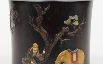 Chinese Wood Brush Pot with Stone Overlay
