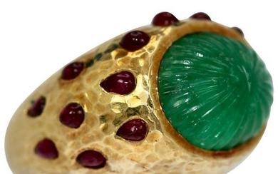 David Webb Carved Green Emerald Ruby Bombe Ring