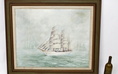 Oil on canvas depicting sailboat at sea