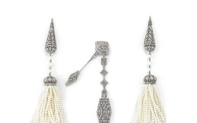 Diamond lapel-watch and a pair of seed pearl and diamond pendants, 1920s