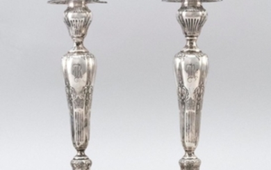 PAIR OF DOMINICK & HAFF "LAFAYETTE" PATTERN STERLING SILVER CANDLESTICKS Heights 12". Monogrammed "R". Weighted.