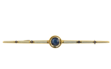 An early 20th century gold sapphire and enamel bar brooch.