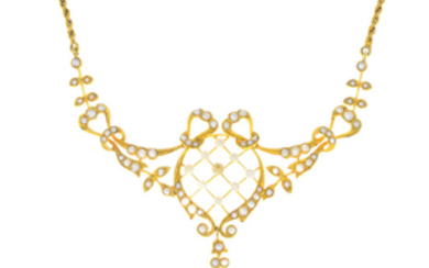 An early 20th century 15ct gold pearl, seed pearl and split pearl necklace.