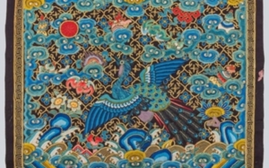 An Embroidered Silk Civil Officials Third Rank Badge of Peacock, Buzi, Qing Dynasty.