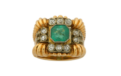 An emerald and diamond dress ring The octagonal-cut...