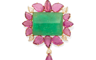 An emerald, pink tourmaline and diamond pendant
