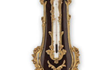 A French late 19th century mahogany and gilt bronze mounted barometer and thermometer