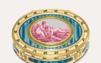 A GERMAN ENAMELLED GOLD SNUFF-BOX, MAKER'S MARK J. B. C., HANAU, CIRCA 1780, CROWNED LETTER N, STRUCK WITH MARKS RESEMBLING THE CHARGE AND DECHARGE MARKS OF JEAN-BAPTISTE FOUACHE
